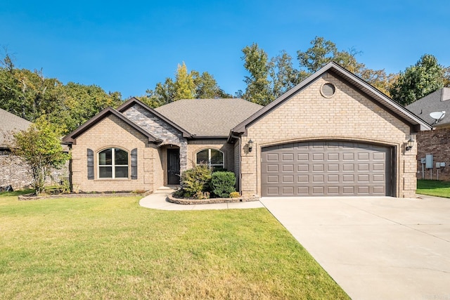 view of front facade with a garage and a front lawn