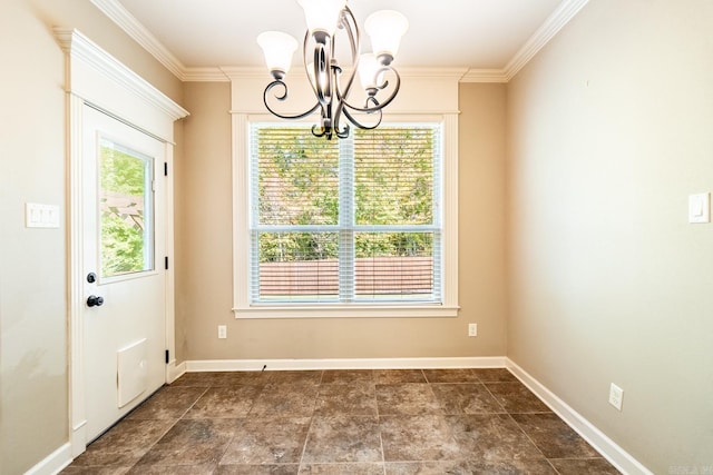 unfurnished dining area featuring a notable chandelier and crown molding