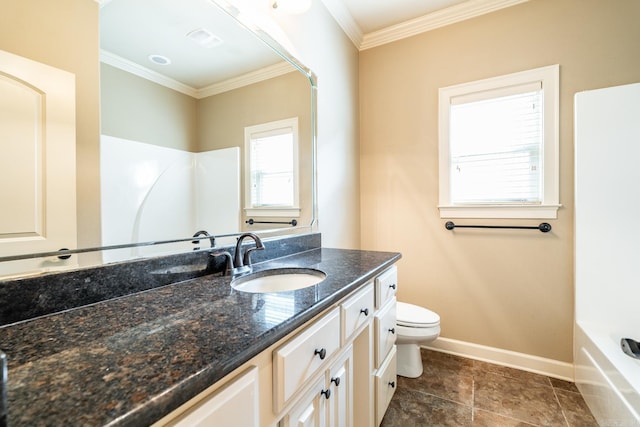 full bathroom with ornamental molding, vanity, toilet, and separate shower and tub