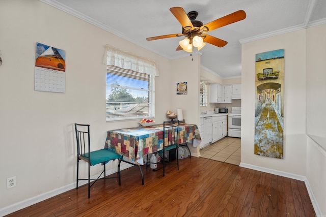 dining area featuring ceiling fan, light wood-type flooring, and crown molding