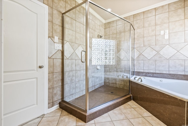 bathroom featuring ornamental molding, tile patterned floors, tile walls, and plus walk in shower