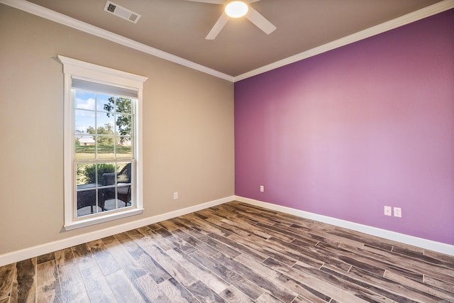 unfurnished room featuring ornamental molding, hardwood / wood-style flooring, and ceiling fan