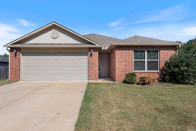 ranch-style house with a front yard and a garage