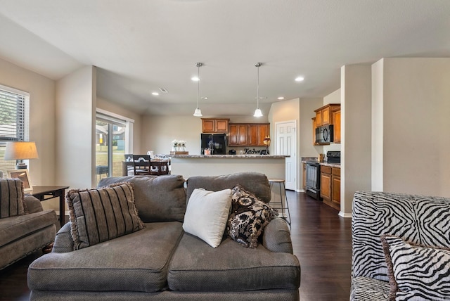 living room with plenty of natural light and dark hardwood / wood-style flooring