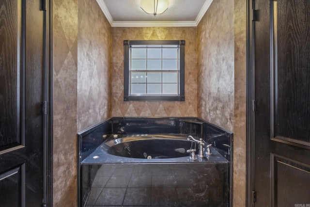 bathroom featuring tiled bath and ornamental molding