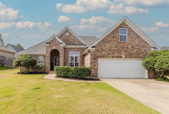 view of front of home with a front yard and a garage