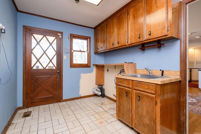 kitchen with crown molding and sink