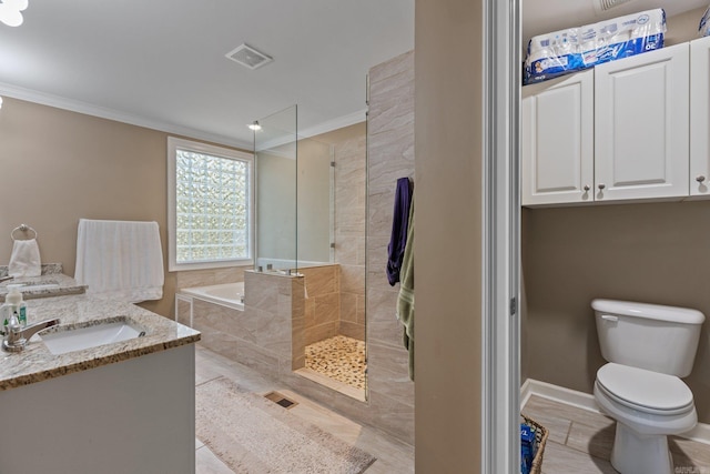 bathroom with crown molding, a garden tub, visible vents, toilet, and walk in shower