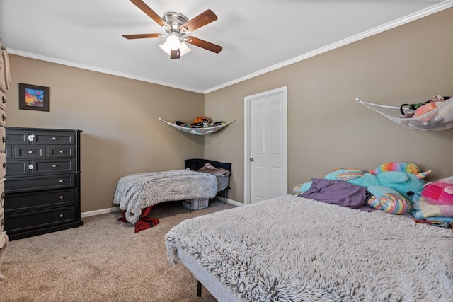 bedroom featuring a ceiling fan, crown molding, baseboards, and light carpet
