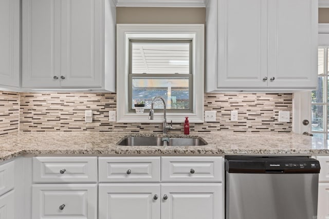 kitchen featuring dishwasher, a sink, and white cabinets