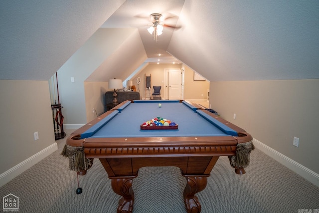 playroom with carpet floors, ceiling fan, billiards, and vaulted ceiling