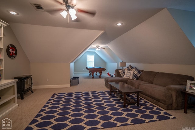 living room featuring lofted ceiling, carpet floors, billiards, and ceiling fan