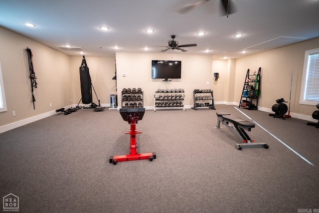 exercise area with ceiling fan