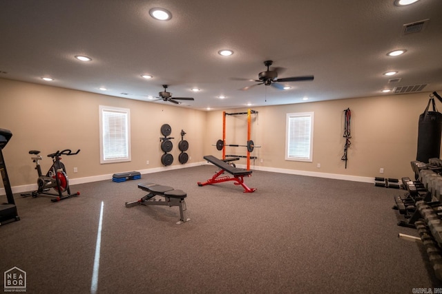 workout room with ceiling fan