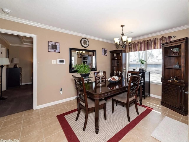 dining space featuring crown molding, light tile patterned floors, and a notable chandelier