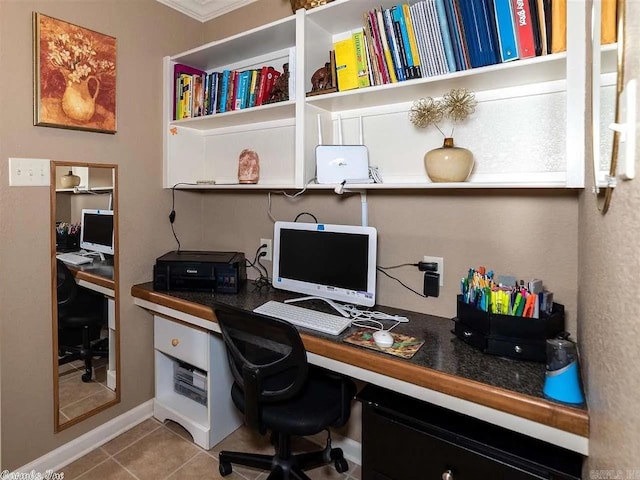 tiled home office with ornamental molding