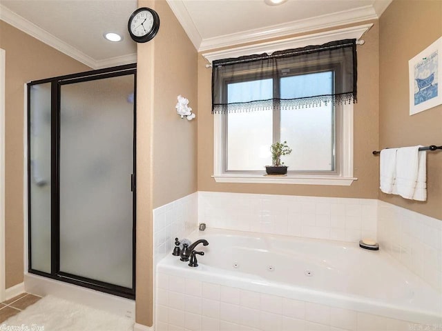 bathroom with tile patterned flooring, ornamental molding, and independent shower and bath