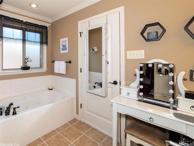 bathroom with tile patterned floors, ornamental molding, and tiled bath