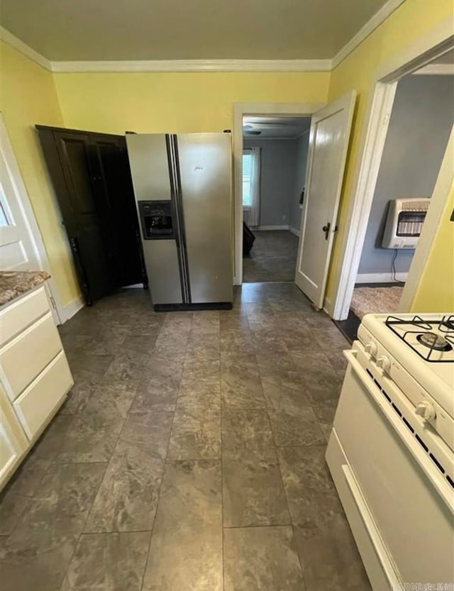 kitchen featuring white range with gas cooktop, stainless steel refrigerator with ice dispenser, heating unit, and crown molding