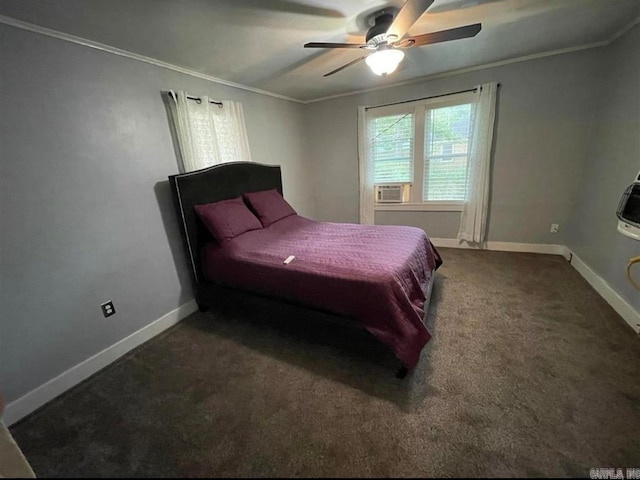 carpeted bedroom with ceiling fan, crown molding, and cooling unit