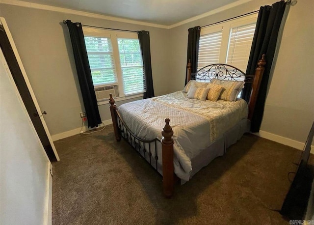 bedroom with ornamental molding, cooling unit, and dark carpet