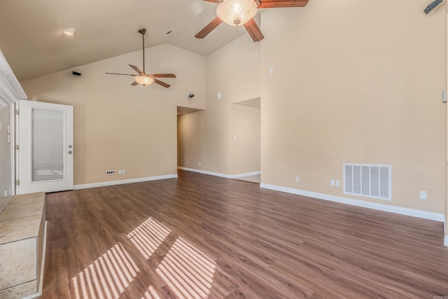 unfurnished living room with high vaulted ceiling, wood-type flooring, and ceiling fan