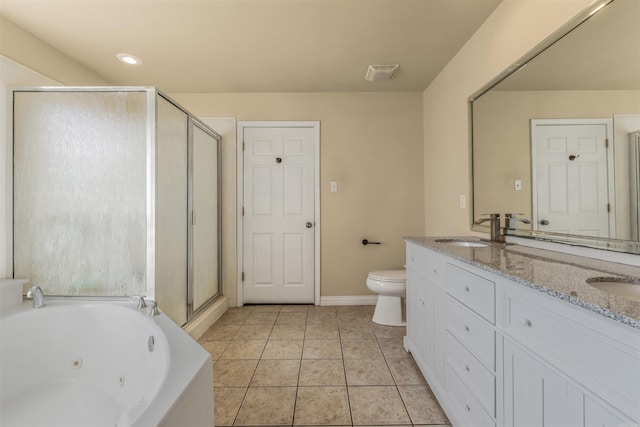 full bathroom with vanity, toilet, tile patterned floors, and shower with separate bathtub