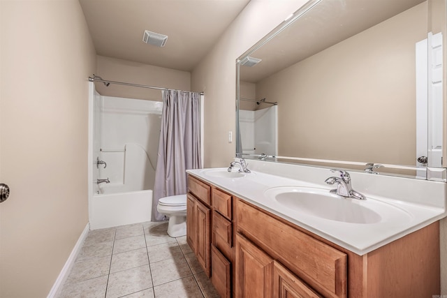 full bathroom with toilet, shower / bath combination with curtain, vanity, and tile patterned floors