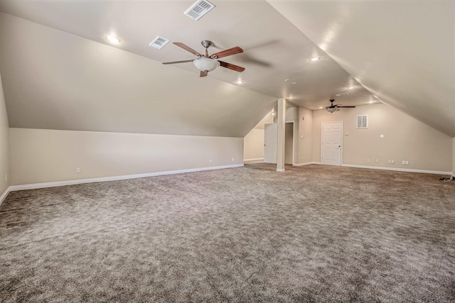 bonus room featuring ceiling fan, lofted ceiling, and carpet floors