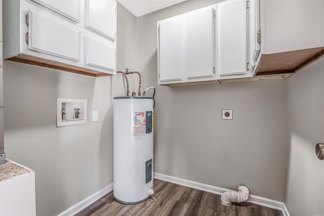 laundry room with cabinets, electric water heater, washer hookup, dark hardwood / wood-style flooring, and electric dryer hookup