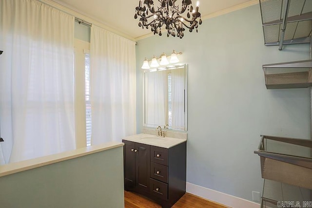 bathroom featuring crown molding, vanity, and hardwood / wood-style flooring