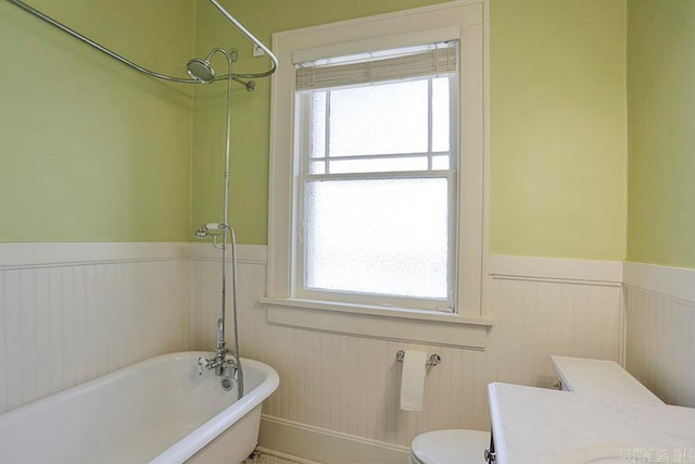 bathroom with vanity, a washtub, and toilet