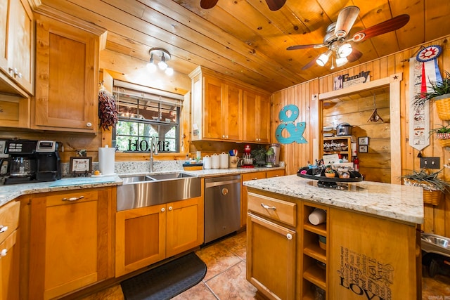 kitchen with wood ceiling, light stone countertops, stainless steel dishwasher, wood walls, and sink