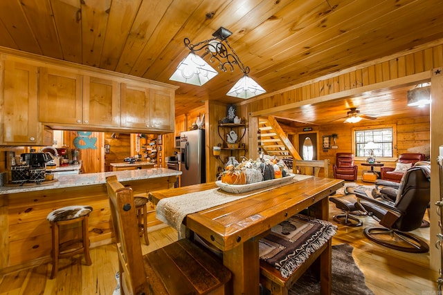 dining area with a skylight, ceiling fan, wooden ceiling, wooden walls, and light hardwood / wood-style flooring