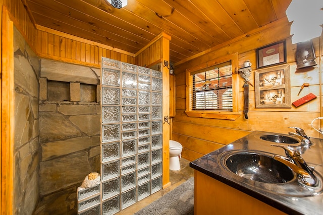 bathroom featuring vanity, toilet, wood walls, and a shower