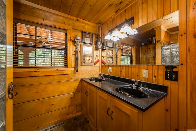 bathroom featuring vanity, wood ceiling, and wood walls