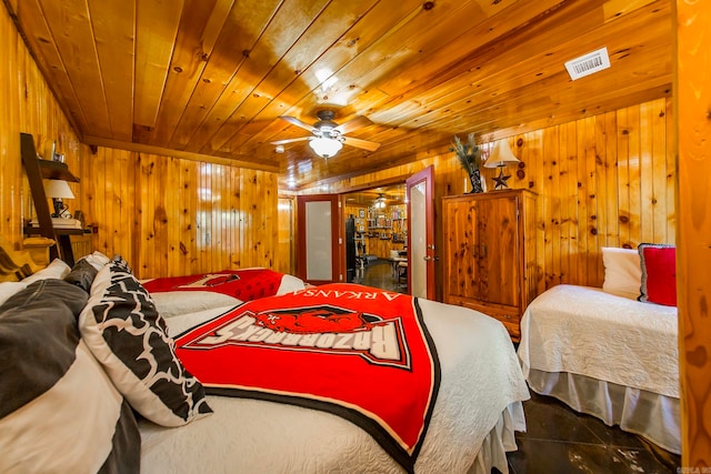 bedroom with ceiling fan, wooden ceiling, and wooden walls