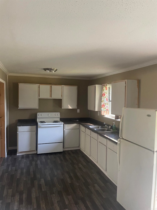 kitchen with ornamental molding, sink, white appliances, and dark hardwood / wood-style flooring