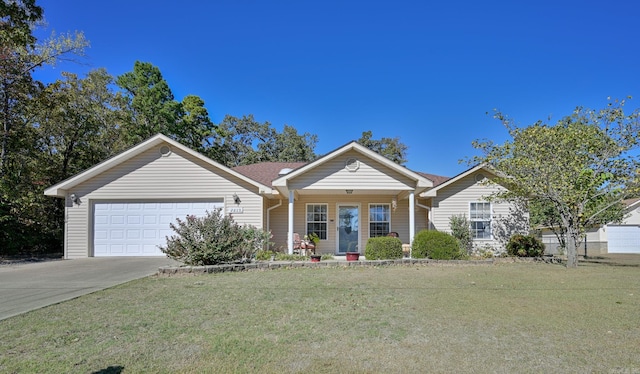 ranch-style home with a porch, a front lawn, and a garage