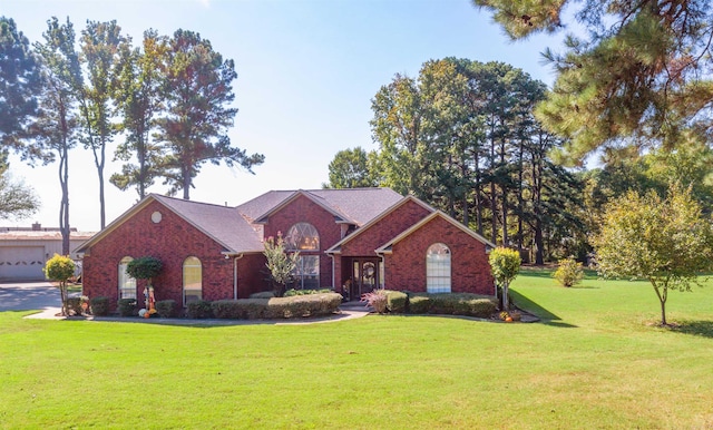 view of front of property featuring a front yard and a garage