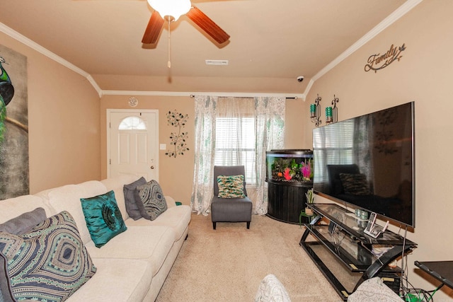 living room featuring crown molding, light colored carpet, vaulted ceiling, and ceiling fan