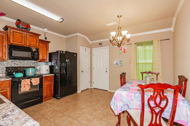 kitchen with backsplash, a chandelier, black appliances, crown molding, and decorative light fixtures