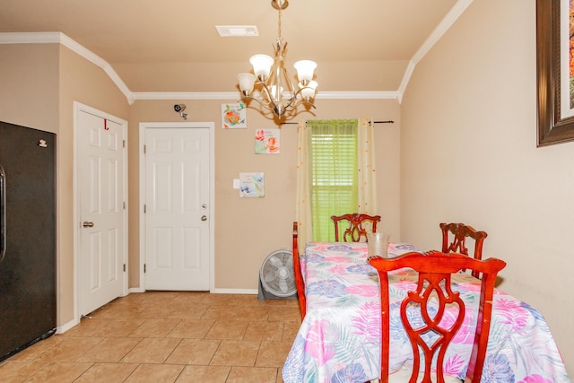 tiled dining room featuring lofted ceiling, a chandelier, and ornamental molding