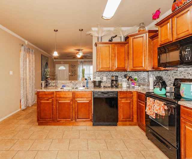 kitchen featuring black appliances, sink, ceiling fan, crown molding, and decorative backsplash