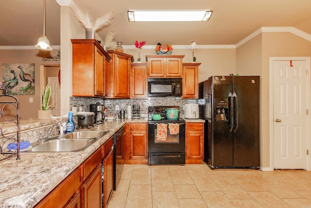 kitchen with black appliances, sink, light tile patterned flooring, backsplash, and ornamental molding