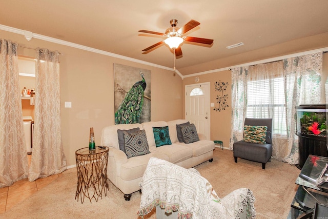 tiled living room with crown molding and ceiling fan