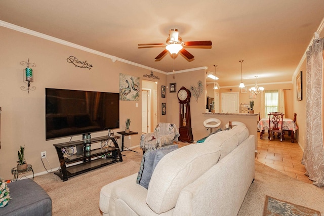 living room with ornamental molding, ceiling fan with notable chandelier, and light tile patterned floors