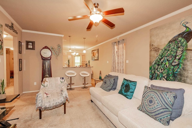 carpeted living room with ornamental molding and ceiling fan with notable chandelier