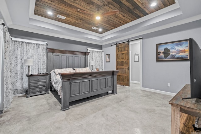 bedroom featuring light colored carpet, wood ceiling, a raised ceiling, and a barn door