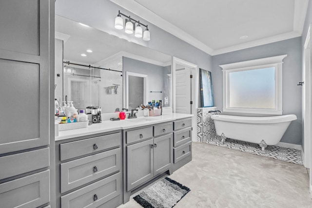 bathroom with vanity, crown molding, and independent shower and bath